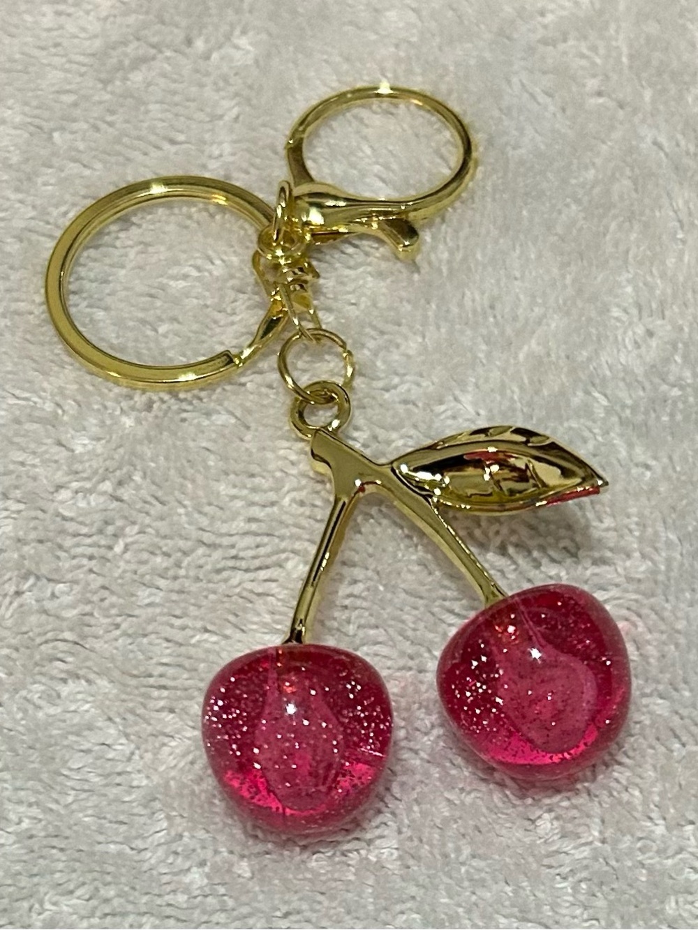 Gold-Tone Cherry Keychain with Pink Glitter Cherries